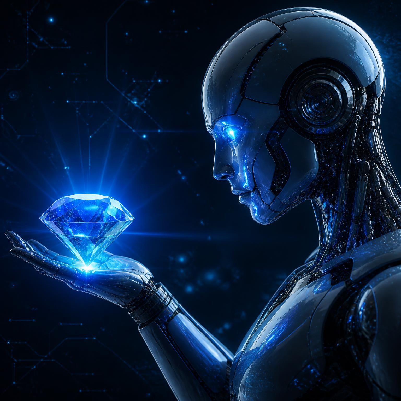 Humanoid robot holding a glowing sapphire diamond — Diamond AI network